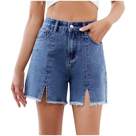 REALiKUN Women's Mid Rise Denim Shorts, Edge Split Hem Casual Jean Shorts & Hot Pants