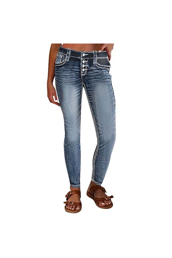 Women's Mid Waisted Button Straight Leg Front Jeans Topstitching Ripped Casual Denim Pants