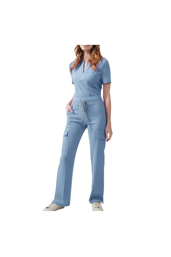 Women's Nursing Scrub Set: Stretch V-Neck Short Sleeve Top & Straight Leg Cargo Scrub Pants, Healthcare Work Uniform