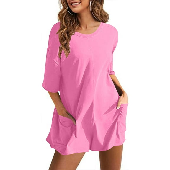 REALiKUN Women's Oversized Tee Romper, Casual One-Piece Short Sleeve Jumpsuit with Pockets for Athletic & Lounge