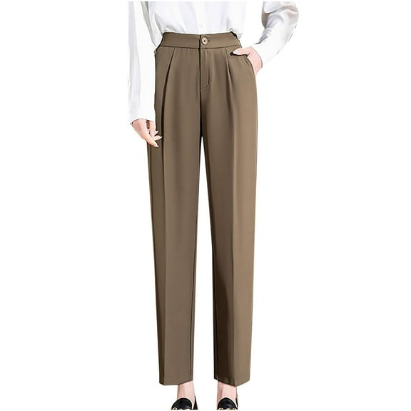 REALiKUN Women's Pants Fall Plus Size High Elastic Straight Trouser Trendy Slim Drawstring Casual Button Trousers