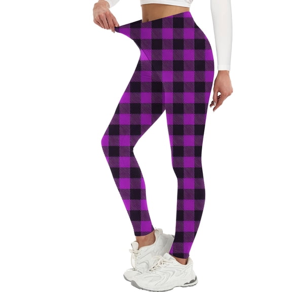 REALiKUN Women's Plaid High Waisted Leggings, Soft Checkered Printed Pants, Stretchy Casual & Lounge Wear