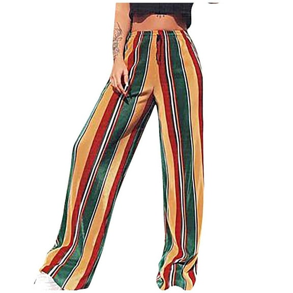 REALiKUN Women's Plus Size High Rise Striped Boho Printed Drawstring Waist Tapered Pants Multicolor XXL