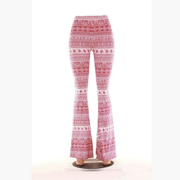 REALiKUN Women's Print Stretch Bell Bottom Flare Palazzo Pants Trousers Pink L