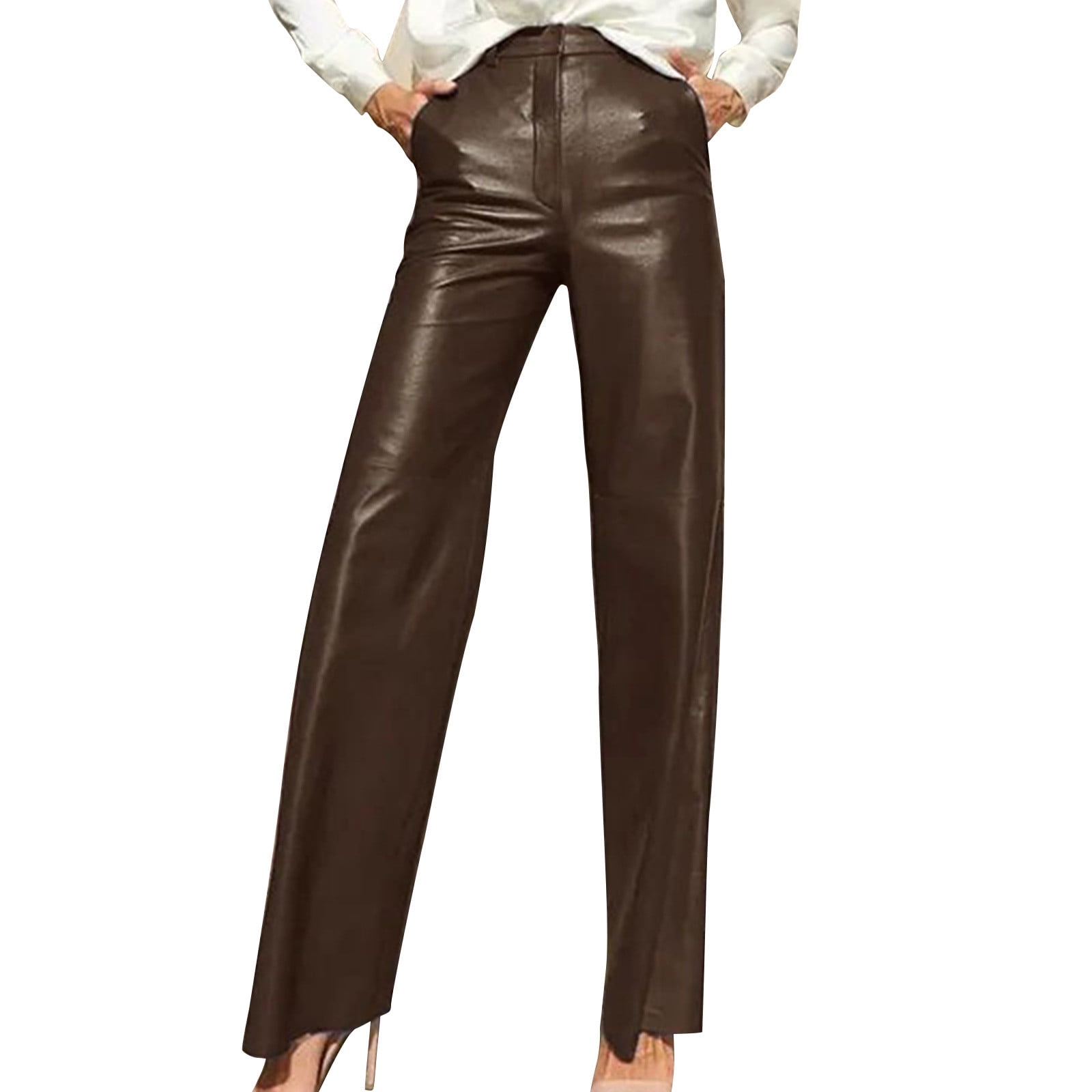 REALiKUN Women's Pu Leather Pants, High Waist Faux Leather Straight Pants, Wide Leg Leather Leggings Bell Bottom Flare Pants