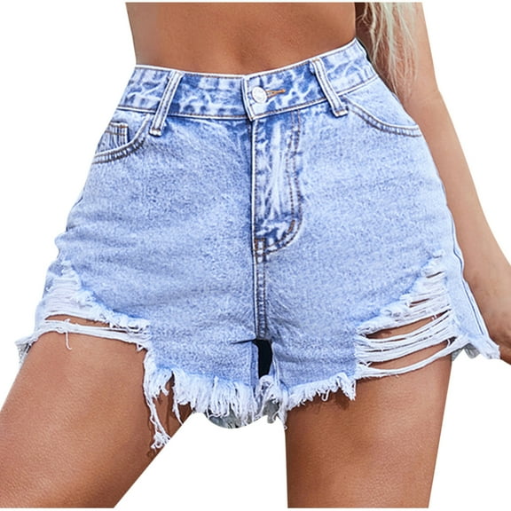 REALiKUN Women's Ripped Denim Shorts Mid Rise Distressed Jean Shorts Stretchy Short Jeans Blue XS