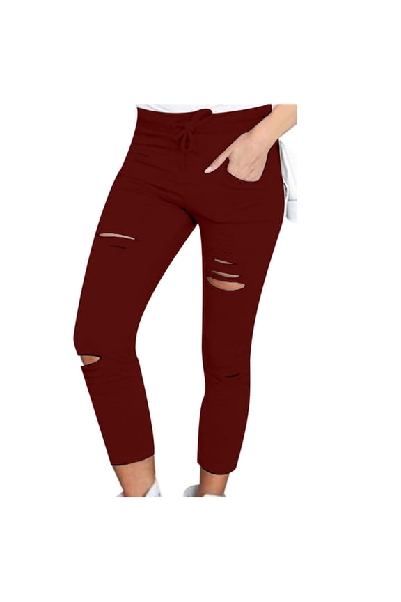 Women's Ripped Pencil Pants High Waist Lace-up Skinny Stretchy Leggings Workout Casual Yoga Trousers