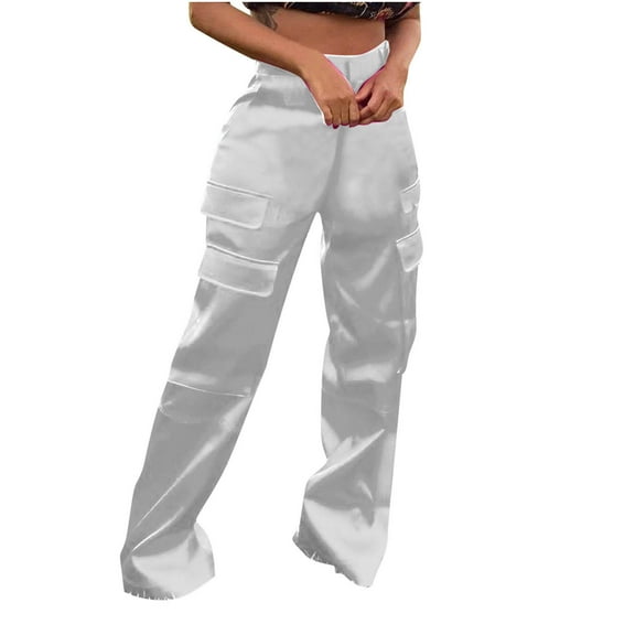 REALiKUN Women's Satin Cargo Wide Leg Pants Silky Dressy Relaxed Casual Pocketed Long Trouser