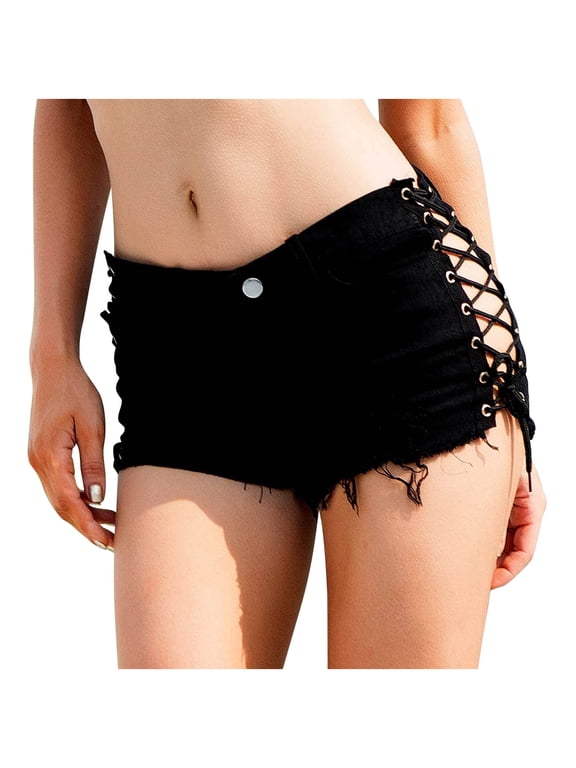 Women's Sexy Low Waist Rise Hot Pants High Cut Mini Denim Bandage Beach Clubwear Black M