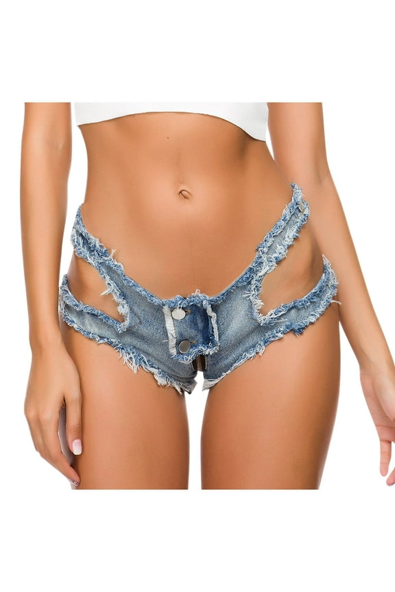 Womens Ripped Denim Shorts Cut Out Booty Stretch Mini Hot Pants Button Down Low Rise Clubwear Sexy Short Jeans