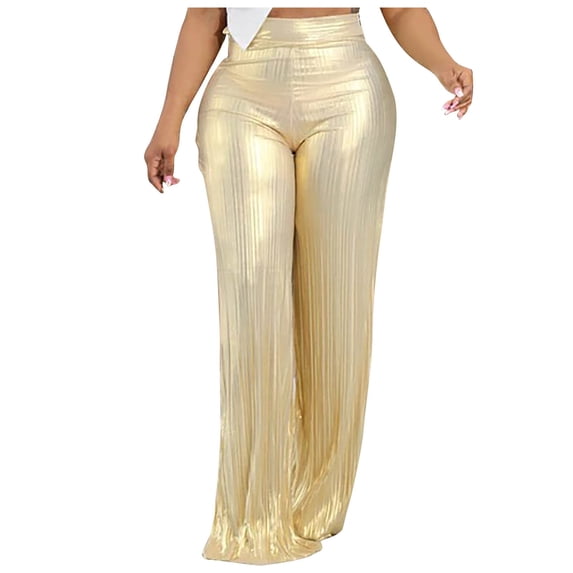 REALiKUN Women's Shiny High Waist Party Trouser Elastic Palazzo Shimmer Wide Leg Night Club Pant