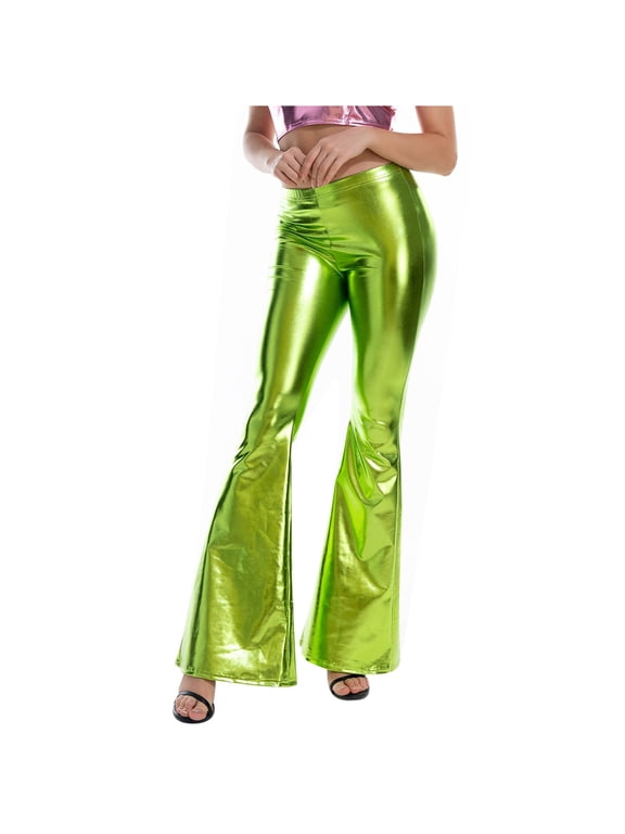 Women's Shiny Metallic Bell Bottoms Vintage 70s Disco Wide Leg Pants High Waist Bootcut Yoga Dance Flare Leggings