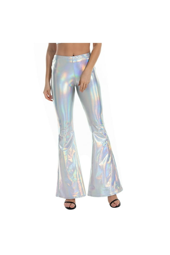 Women's Shiny Metallic Bell Bottoms Vintage 70s Disco Wide Leg Pants High Waist Bootcut Yoga Dance Flare Leggings