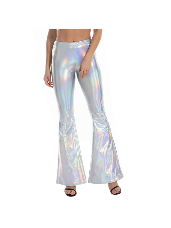 Women's Shiny Metallic Bell Bottoms Vintage 70s Disco Wide Leg Pants High Waist Bootcut Yoga Dance Flare Leggings