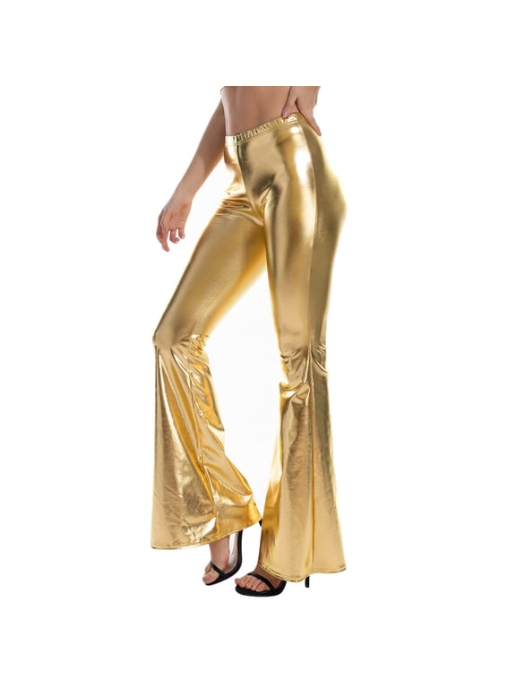 Women's Shiny Metallic Bell Bottoms Vintage 70s Disco Wide Leg Pants High Waist Bootcut Yoga Dance Flare Leggings