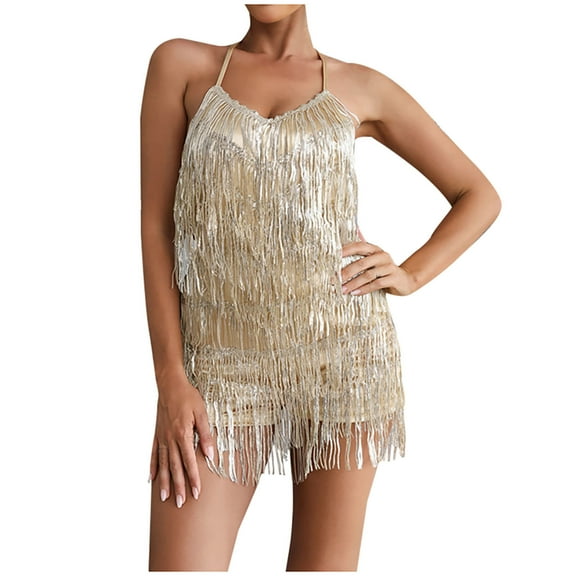 REALiKUN Women's Sleeveless V Back Sequins Fringe Jumpsuit One Piece Short Romper Party Nightclub