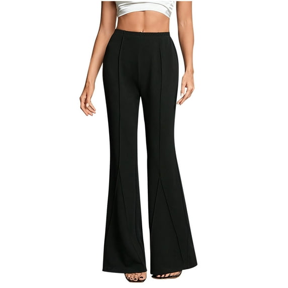 REALiKUN Women's Solid Trendy Flare Leg Pants Elastic Waist Wide Leg Front Pleated Pants High Waist Dressy Slacks Trousers