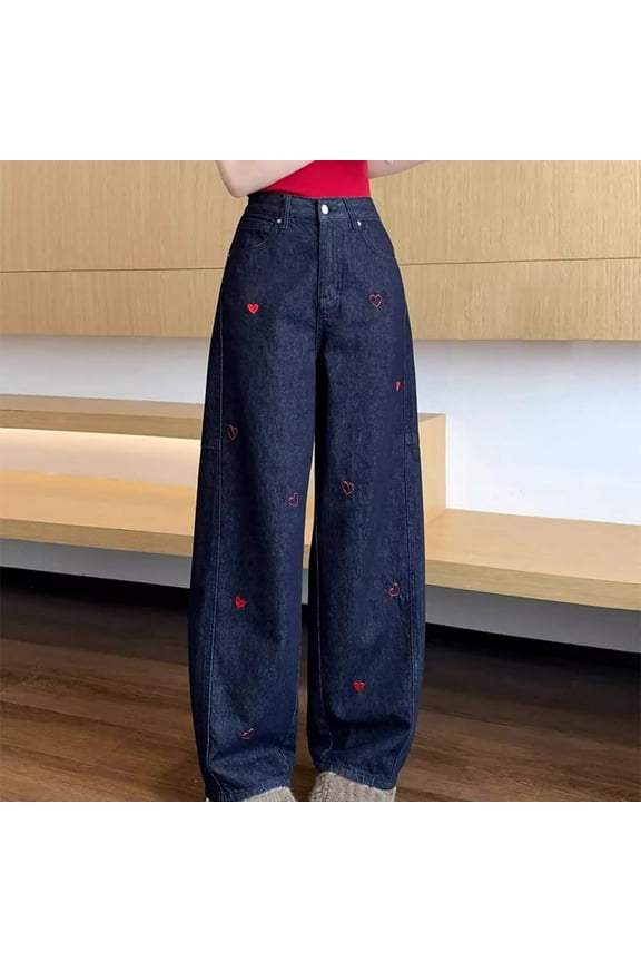 Women's Star Heart Print Denim Pants Elastic Waist Straight Leg Jeans with Pockets