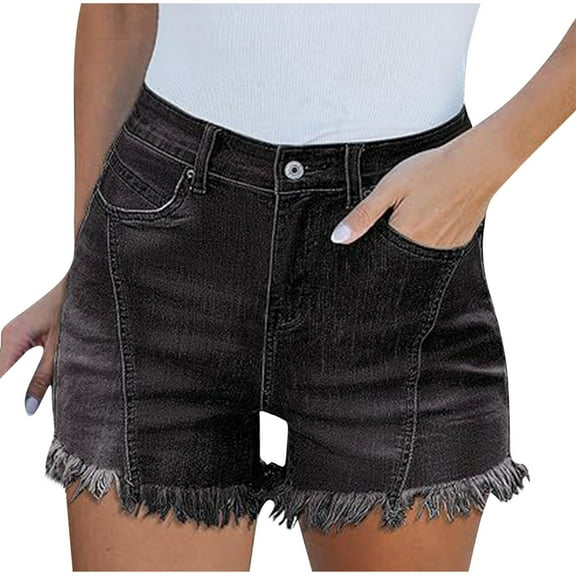 REALiKUN Women's Stretchy High Waisted Denim Shorts, Ripped Distressed Solid Color Shorts with Pockets - Soft & Trendy