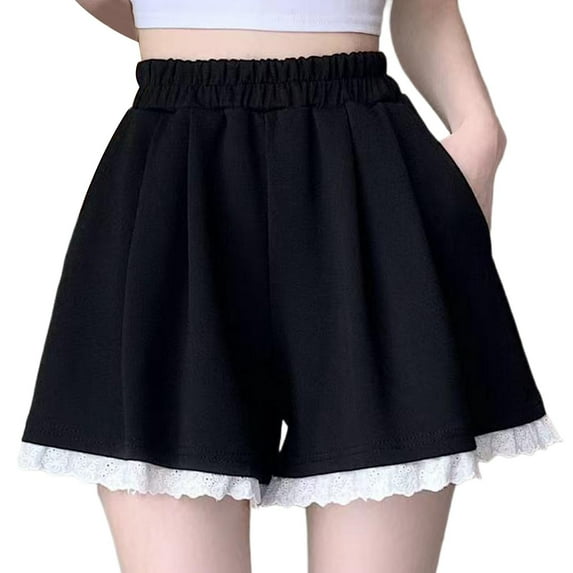 REALiKUN Women's Summer Casual Shorts, Lace Trim Wide Leg Pleated Loose Shorts with Elastic Waist - Soft & Comfy