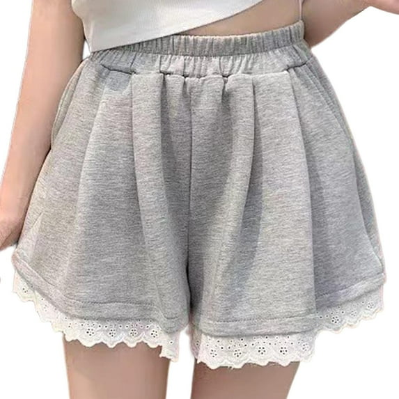 REALiKUN Women's Summer Casual Shorts, Lace Trim Wide Leg Pleated Loose Shorts with Elastic Waist - Soft & Comfy