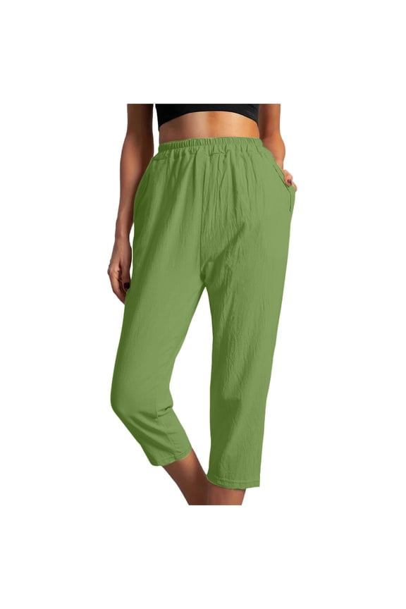 Women's Summer High Waisted Baggy Pants Casual Ankle Length Trouser Slacks with Pockets