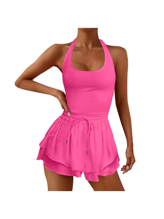 Women's Summer Romper Halter Sleeveless Running Onesie Athletic Padded Bras One Piece Outfits Exercise Jumpsuits