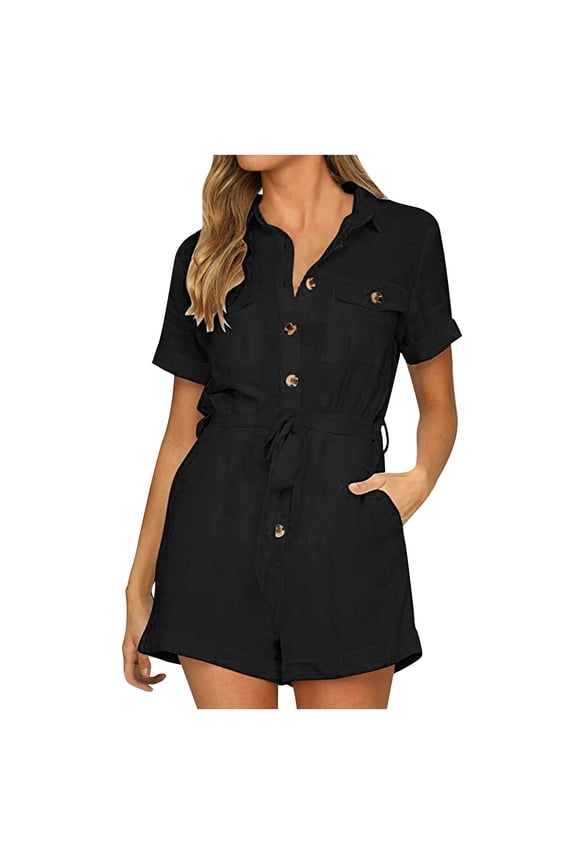 Women's Summer Short Sleeve Button Down Pockets Belted Jumpsuits Rompers