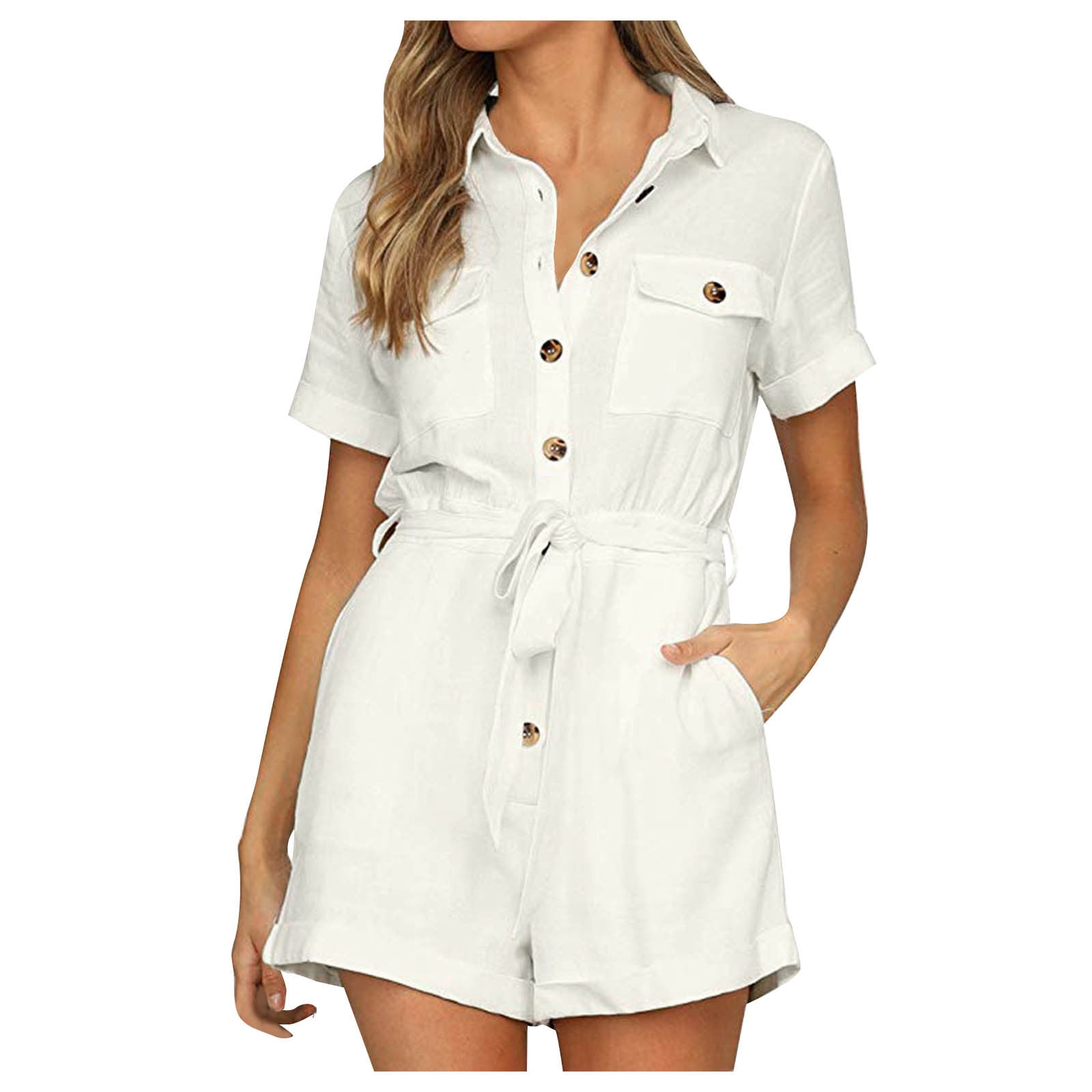 Women's Summer Short Sleeve Button Down Pockets Belted Jumpsuits Rompers