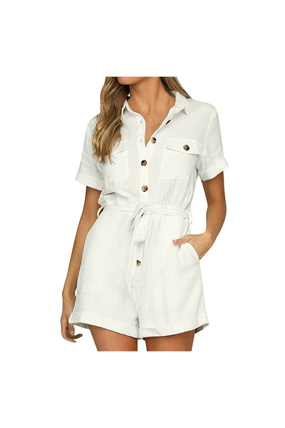 Women's Summer Short Sleeve Button Down Pockets Belted Jumpsuits Rompers