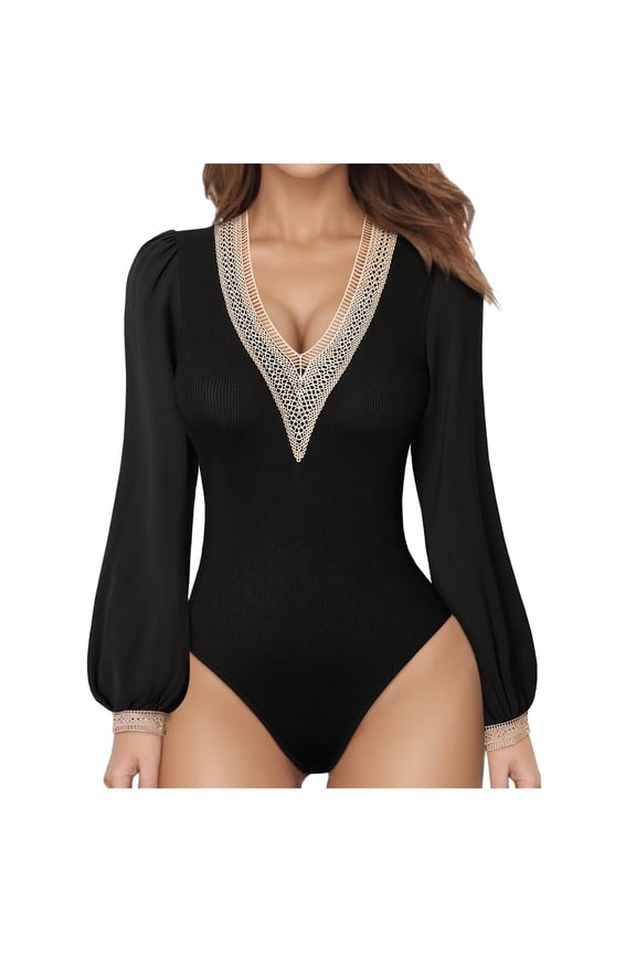 Women's Summer Tops Lace V Neck Stretch Puff Long Sleeves Dressy Pullover Fashion Shirts Bodysuit Blouses
