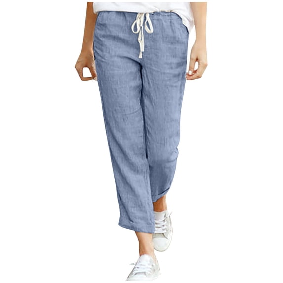 REALiKUN Women's Tapered Pants Cotton Linen Back Elastic Waist Drawstring Jogger Solid Color Casual Trousers with Pocket