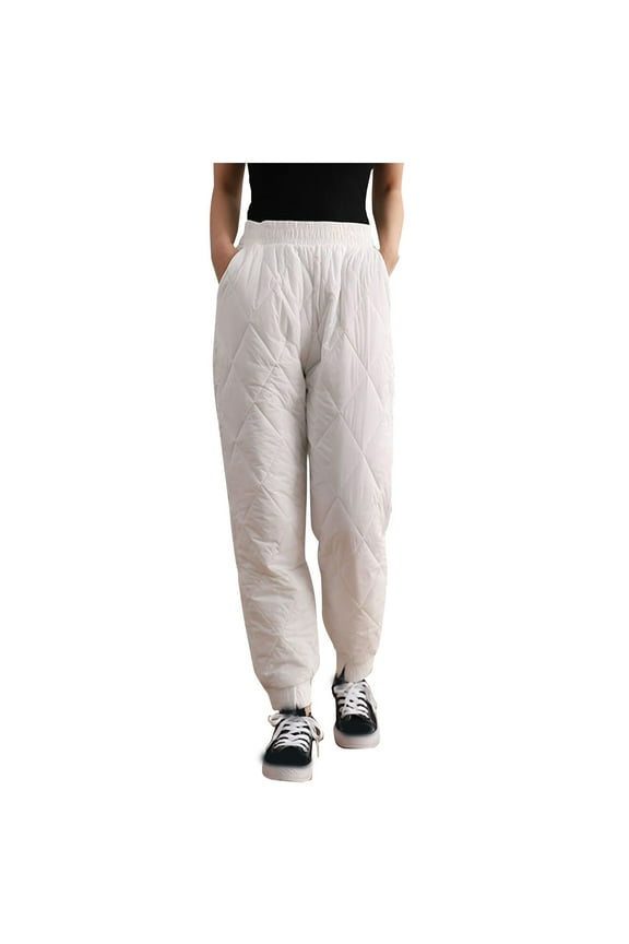 Women's Thicker Padded Quilted Down Pants Elastic High Waisted Cinch Bottom Pants Casual Comfy Soft Loungewear