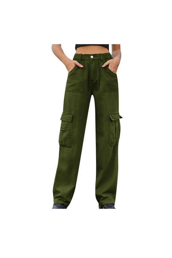 Women's Trendy Cargo Baggy Jeans Elastic Waist Boyfriend Jeans Casual Wide Leg Denim Pants with Flap Pockets