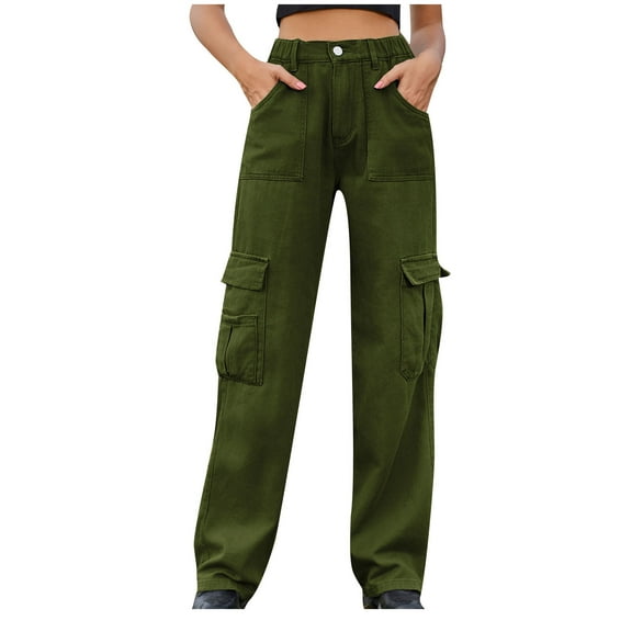 REALiKUN Women's Trendy Cargo Baggy Jeans Elastic Waist Boyfriend Jeans Casual Wide Leg Denim Pants with Flap Pockets