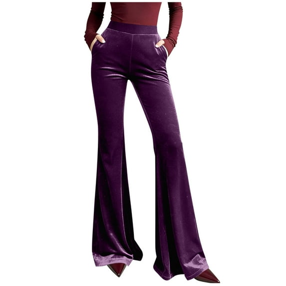 REALiKUN Women's Velvet Flare Leg Pants, High Waisted Wide Leg Palazzo with Pockets, Dressy Fall Winter Trousers for Streetwear & Party