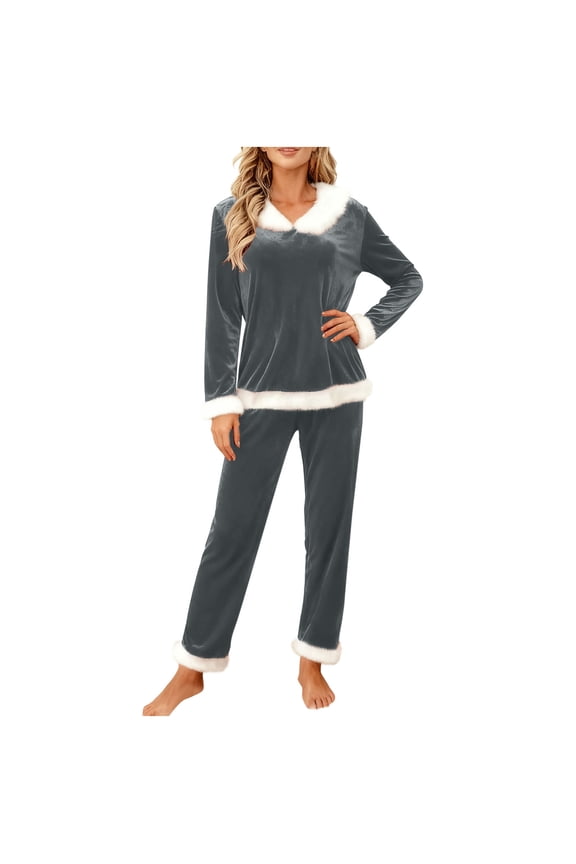 Women's Velvet Lounge Set with Faux Fur Trim, V-Neck Top & Pants, Holiday Winter Loungewear