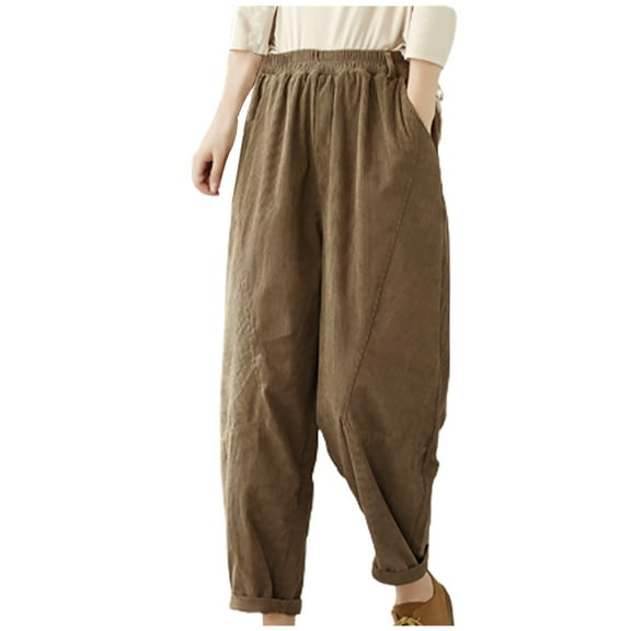 REALiKUN Women's Vintage Corduroy Trousers High Elastic Waist Wide Leg Pocketed Pants Cozy Straight Leg Baggy Lounge Slacks