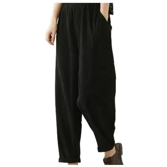 REALiKUN Women's Vintage Corduroy Trousers High Elastic Waist Wide Leg Pocketed Pants Cozy Straight Leg Baggy Lounge Slacks
