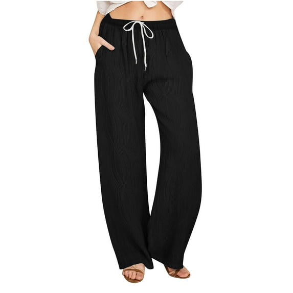 REALiKUN Women’s Wide Leg Pants High Waist Drawstring Straight Leg Sweatpants Textured Trousers Lounge Pants with Pockets