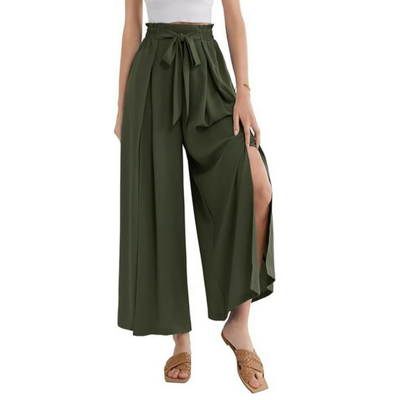REALiKUN Women's Wide Leg Pants Lightweight High Waisted Tie Knot Caual Loose Split Flowy Palazzo Trousers with Pockets