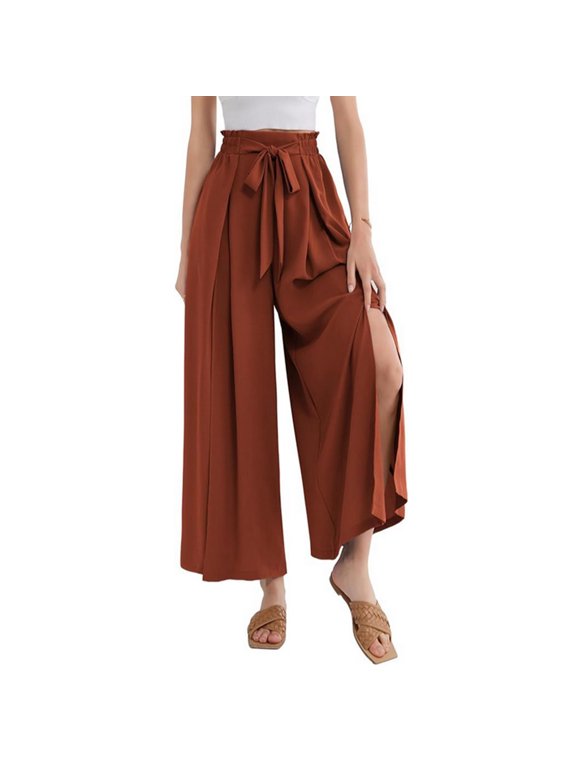 Women's Wide Leg Pants Lightweight High Waisted Tie Knot Caual Loose Split Flowy Palazzo Trousers with Pockets