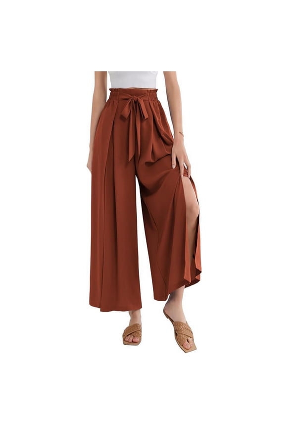 Women's Wide Leg Pants Lightweight High Waisted Tie Knot Caual Loose Split Flowy Palazzo Trousers with Pockets
