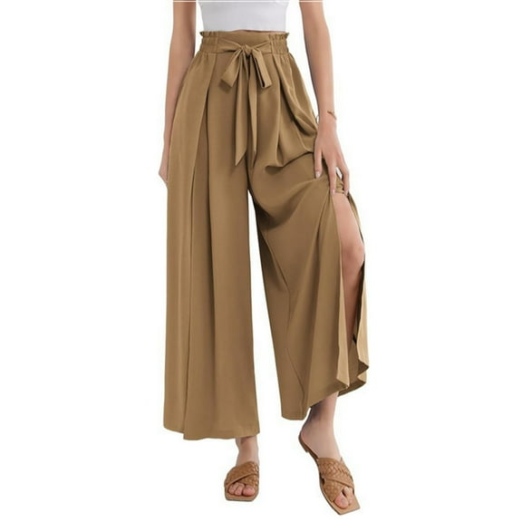 REALiKUN Women's Wide Leg Pants Lightweight High Waisted Tie Knot Caual Loose Split Flowy Palazzo Trousers with Pockets