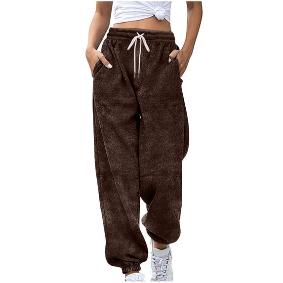 REALiKUN Women's Winter Warm Fleece Joggers Pants - Fuzzy Sherpa Thermal Elastic Waist Sweatpants with Pockets for Snow & Cold Days