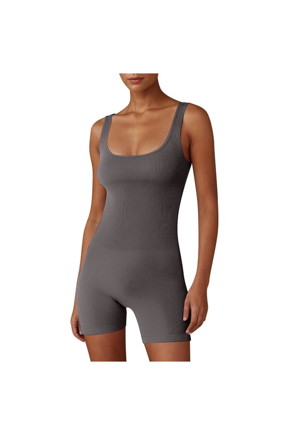 Women's Workout Seamless Romper Yoga Ribbed Bodycon One Piece Square Neck Shorts Jumpsuit