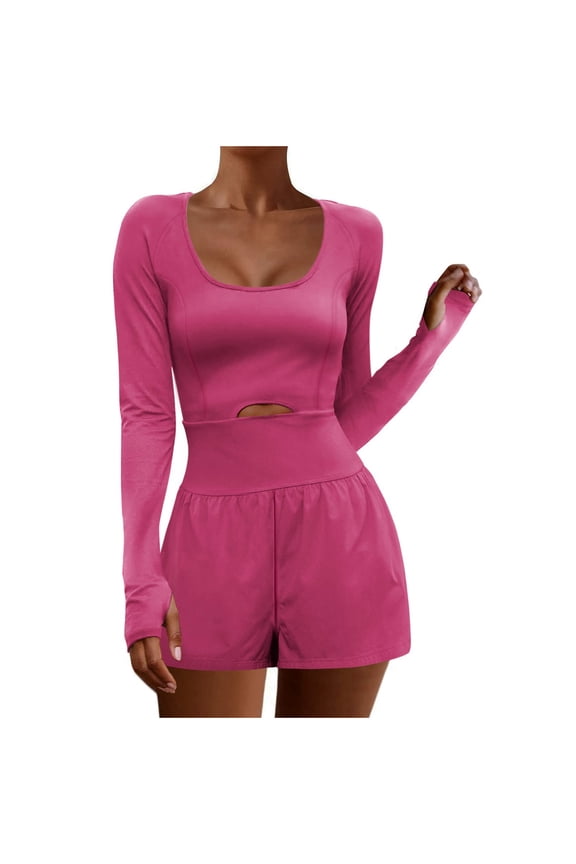 Womens Athletic Rompers Sexy Expose Navel and Back Running Long Sleeve Workout Romper Exercise Gym Yoga Jumpsuits