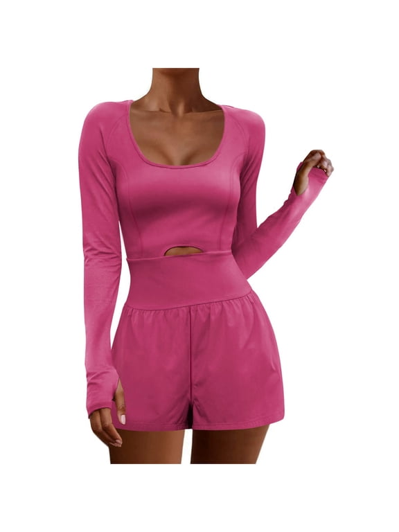 Womens Athletic Rompers Sexy Expose Navel and Back Running Long Sleeve Workout Romper Exercise Gym Yoga Jumpsuits