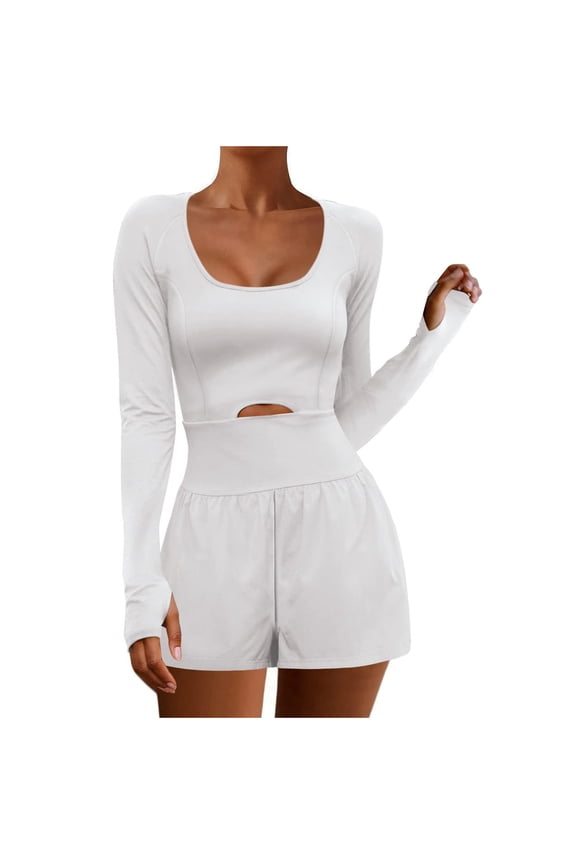 Womens Athletic Rompers Sexy Expose Navel and Back Running Long Sleeve Workout Romper Exercise Gym Yoga Jumpsuits