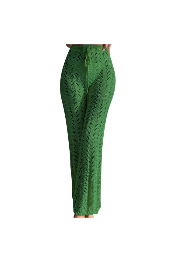 Womens Beach Cover Up Pants Drawstring Crochet Fishnet Hollow Out Knit Mesh Wide Leg Pant
